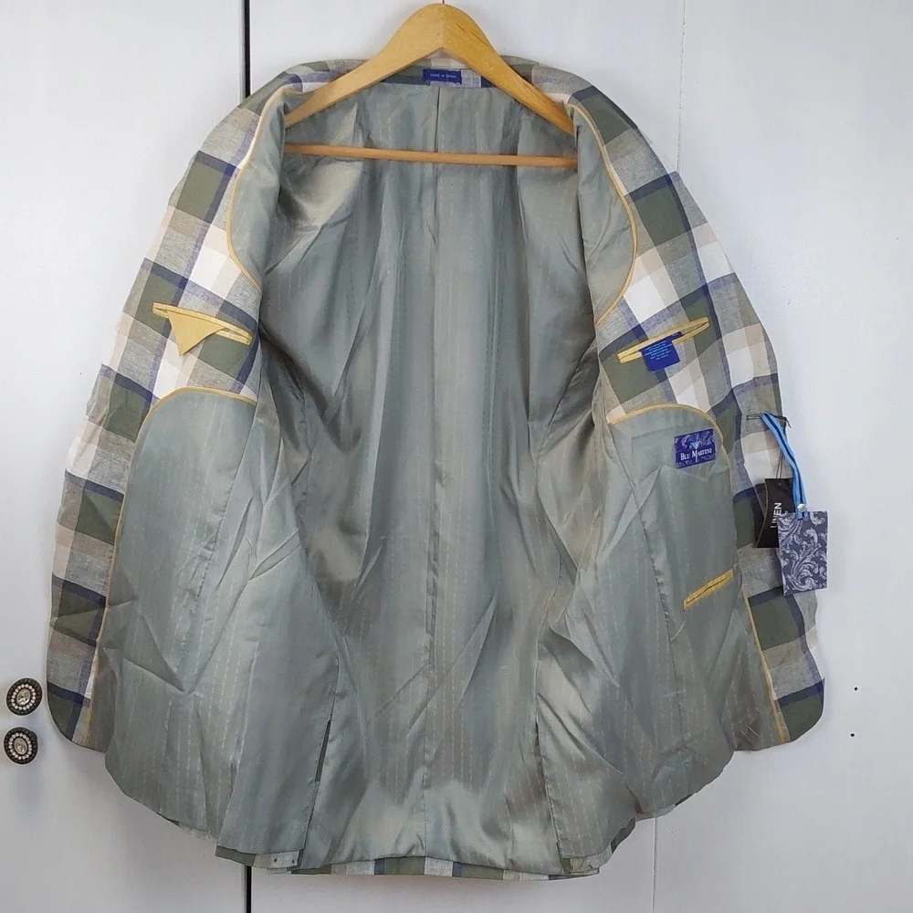 Blu Martini |Green/Tan Neutral Plaid Blazer Linen Sports Coat Preppy Sz.40L